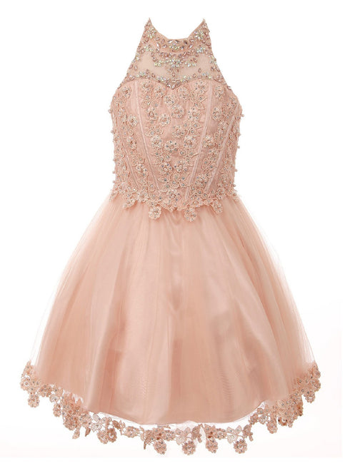 Big Girls Blush Halter Neck Rhinestone Sequin Junior Bridesmaid Dress 8-16 - SophiasStyle.com